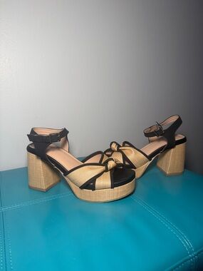 MIA Black and Natural Woven Platform Block Heels